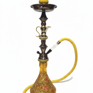 【Alkayem】Dallah 001 シーシャセット 55cm イエロー&ブラック - アラビア伝統コーヒーポットデザイン 高耐久ステンレス製 手書きアートガラス 炭用トング付