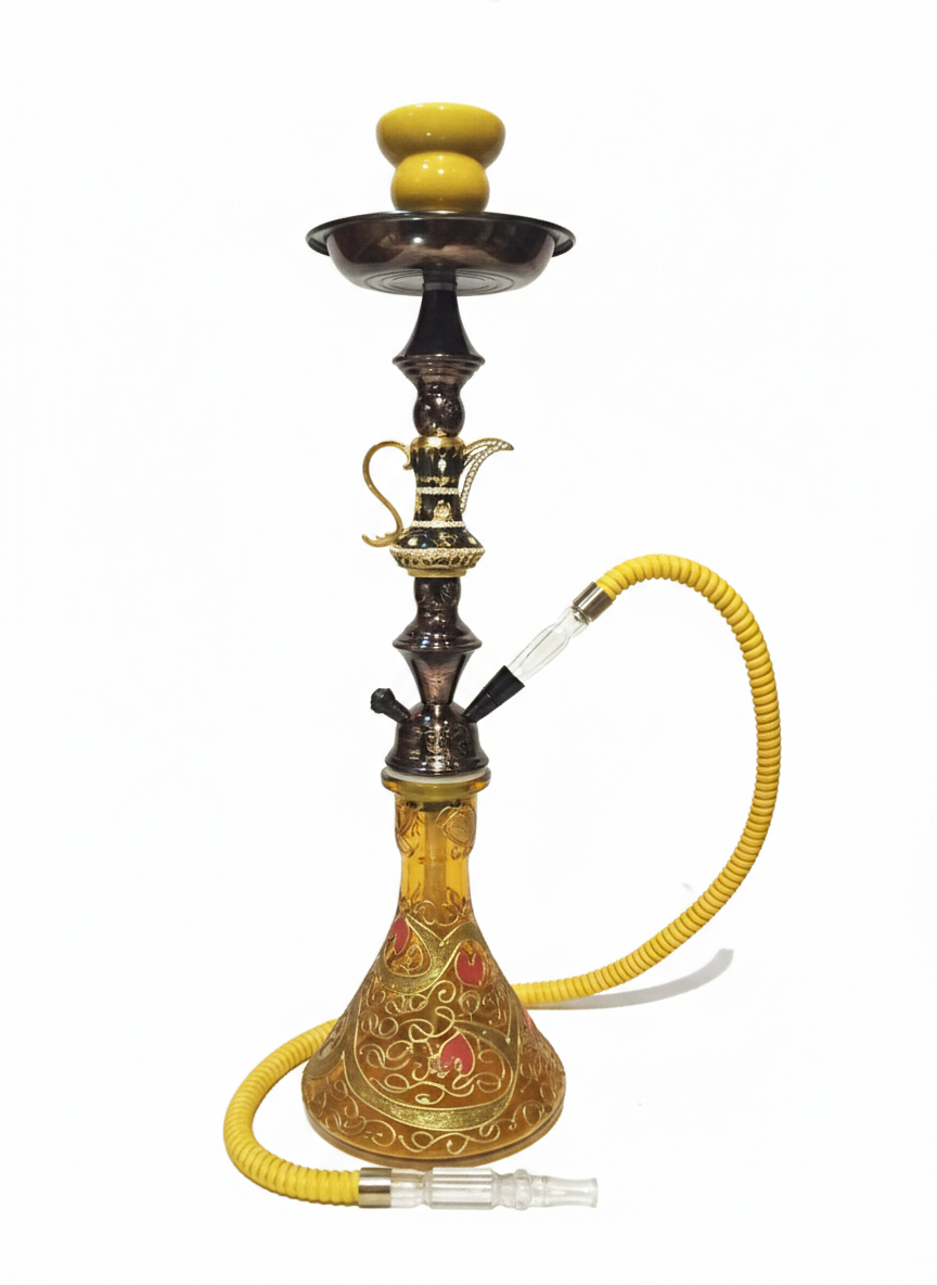 【Alkayem】Dallah 001 シーシャセット 55cm イエロー&ブラック - アラビア伝統コーヒーポットデザイン 高耐久ステンレス製 手書きアートガラス 炭用トング付
