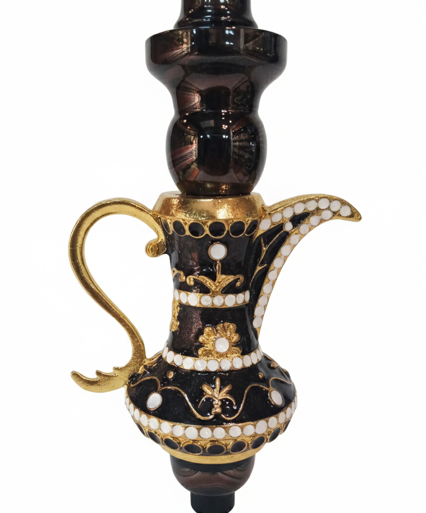 【Alkayem】Dallah 001 シーシャセット 55cm イエロー&ブラック - アラビア伝統コーヒーポットデザイン 高耐久ステンレス製 手書きアートガラス 炭用トング付